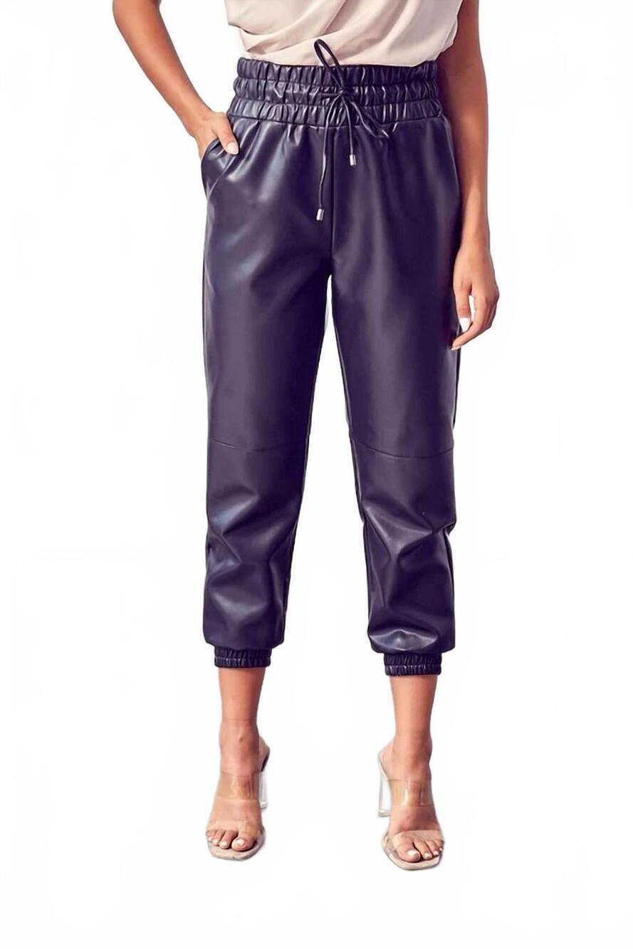 NEW DOBE smocked waist pu pants in black